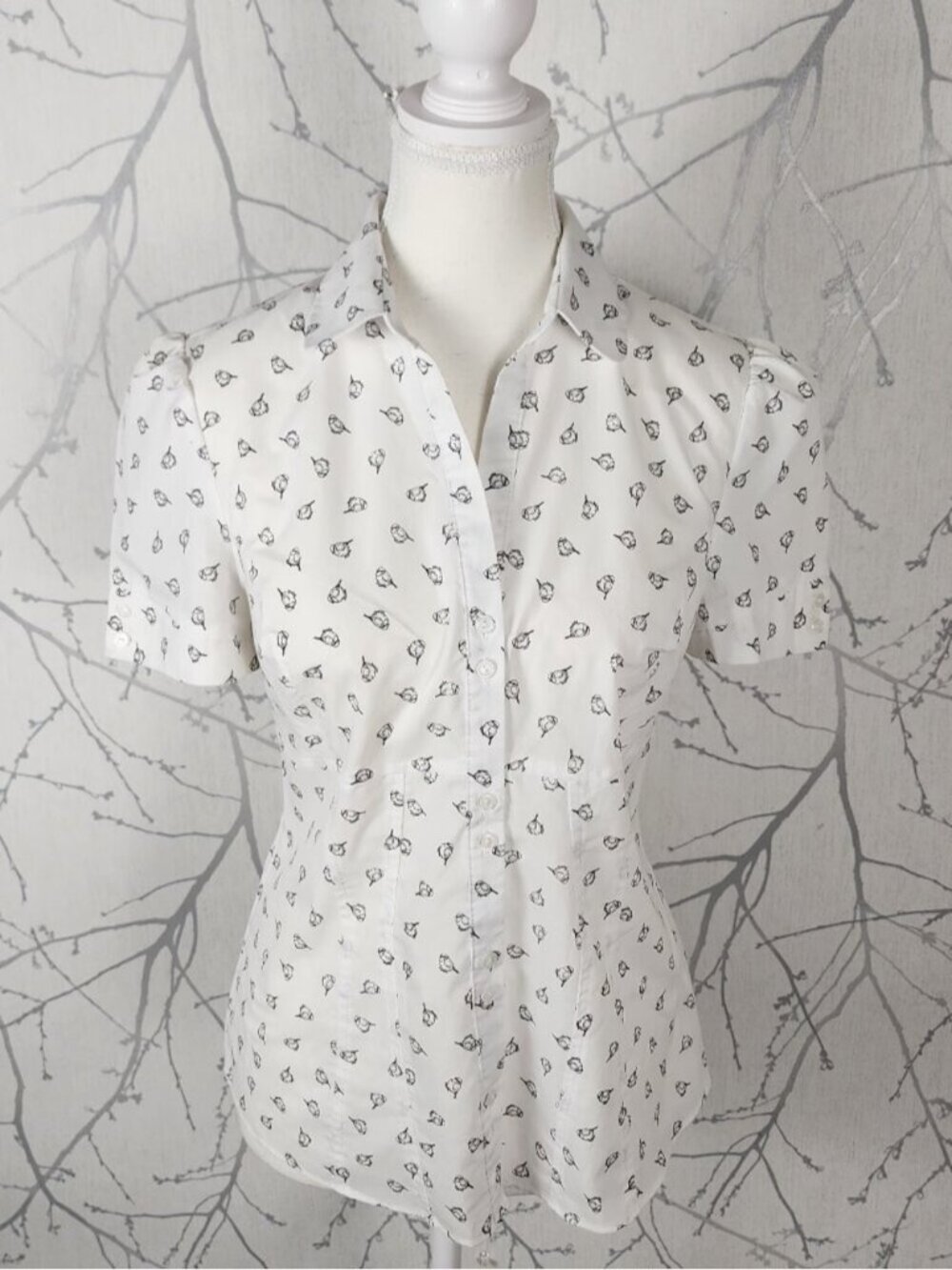 Atmosphere White Sparrows Birds Printed Button Front Blouse